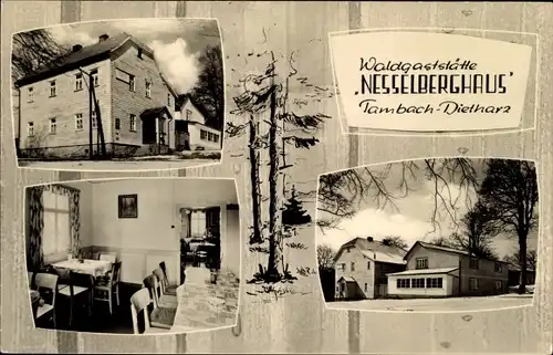 Ak Tambach Dietharz in Thüringen, Waldgaststätte Nesselberghaus, Innenansicht, Außenansicht