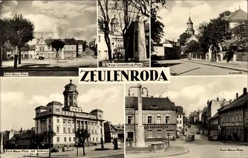 Ak Zeulenroda, Rosa Luxemburg Platz, Karl Marx Platz, Südstraße, Denkmal
