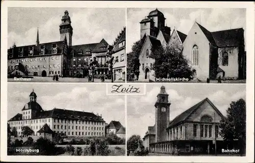Ak Zeitz im Burgenlandkreis, Rathaus, Michaeliskirche, Moritzburg, Bahnhof
