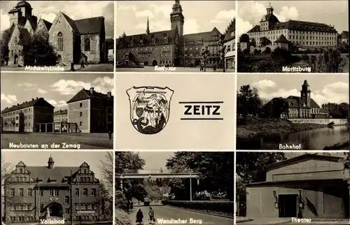 Ak Zeitz Burgenlandkreis, Kirche, Bahnhof, Theater, Moritzburg, Volksbad, Rathaus, Neubauten Zemag