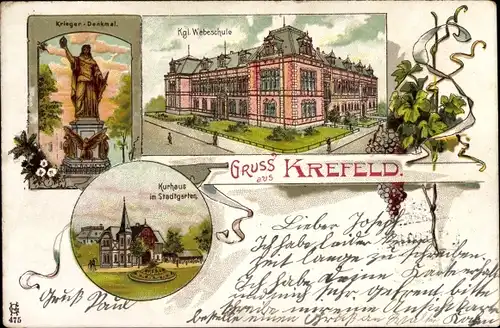 Litho Krefeld am Niederrhein, Kriegerdenkmal, Webeschule, Kurhaus im Stadtgarten