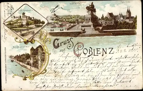 Litho Koblenz am Rhein, Provinzial Denkmal Kaiser Wilhelm I, Fort Constantin