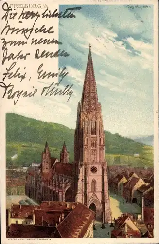 Litho Freiburg im Breisgau, Stadtansicht mit Münster