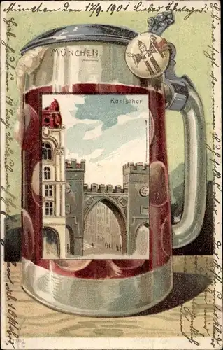 Bierkrug Litho München Bayern, Karlstor