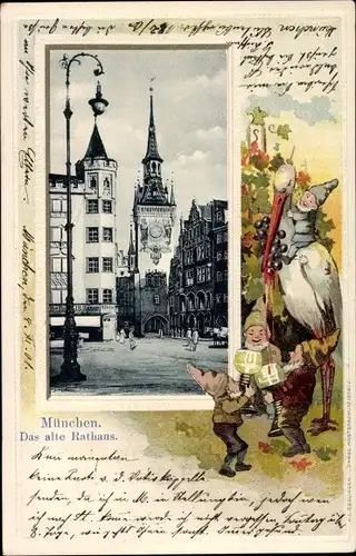 Passepartout Ak München Bayern, Das alte Rathaus, Storch, Zwerge