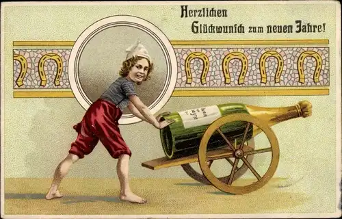 Präge Litho Glückwunsch Neujahr, Junge mit Sektflasche als Kanone, Hufeisen