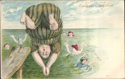 Litho Achtung Fettfleck, dicke Frau springt ins Wasser, Kopfsprung