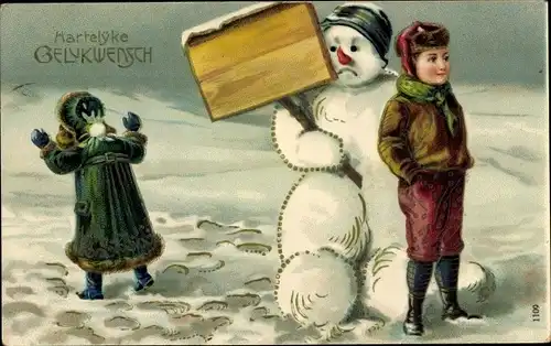 Präge Litho Glückwunsch Neujahr, Schneemann, Kinder