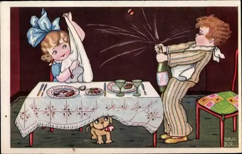 Künstler Ak Boriss, Margret, Paar am Esstisch, Hund, Champagner