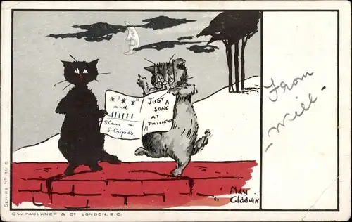 Künstler Ak Gladwin, May, Singende Katzen auf einer Mauer bei Nacht