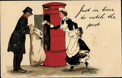 Künstler Ak Thackeray, Lance, Just in time to catch the post, Postbote, Dienstmädchen