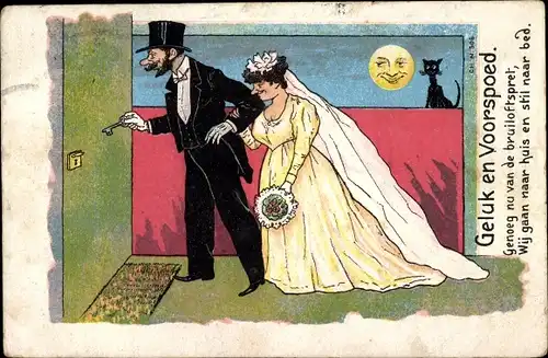 Ak Glückwunsch Hochzeit, Brautpaar vor der Haustür