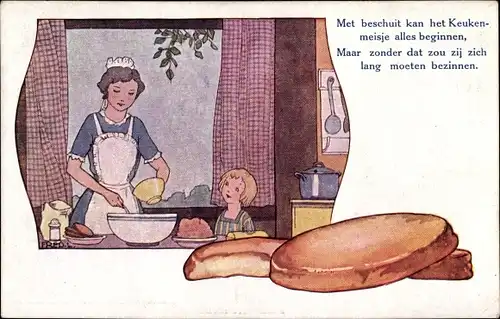 Künstler Ak Met beschuit kan het Keukenmeisje alles beginnen, De Fijnste Beschuit, Reklame