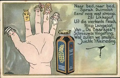 Ak Reklame, N. V. Siroopfabriek De Baarsjes, Amsterdam, Hand mit vermenschlichten Fingern
