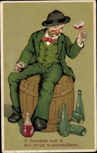 Präge Litho Betrunkener Mann mit leeren Weinflaschen auf Weinfass sitzend