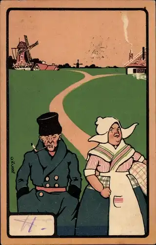 Künstler Ak Cook, C. K., Paar in niederländischen Trachten, Windmühle