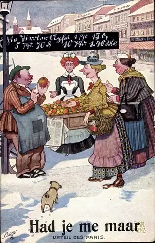 Künstler Ak Frenz, Herm., Urteil des Paris, Obsthändlerin, Mann mit Apfel, Moderne Karikaturen