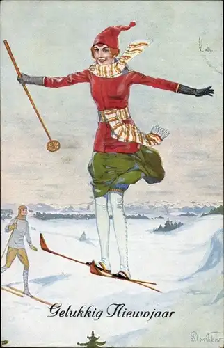 Künstler Ak Glückwunsch Neujahr, Frau auf Skiern, Skisprung