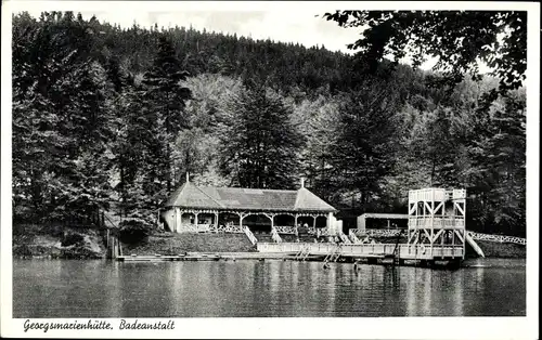 Ak Georgsmarienhütte in Niedersachsen, Badeanstalt, Steg, Waldpartie