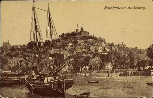 Ak Hamburg Altona Blankenese, Segelboot am Strand, Süllberg