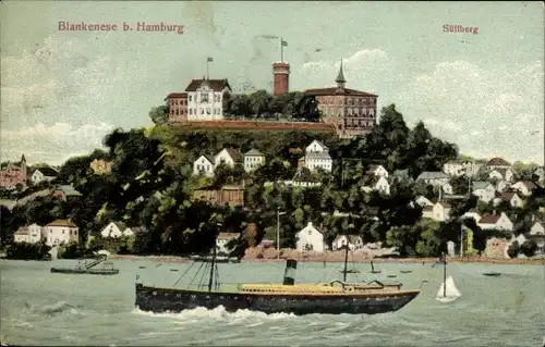 Ak Hamburg Blankenese, Blick zum Süllberg vom Meer aus, Dampfer