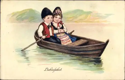 Ak Liebesfahrt, Liebespaar, Kinder in Tracht, Ruderpartie