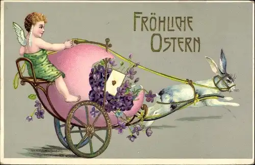 Ak Glückwunsch Ostern, Fuhrwerk, Osterhase, Osterei, Engel