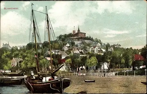 Ak Hamburg Altona Blankenese, Segelboot am Strand, Süllberg