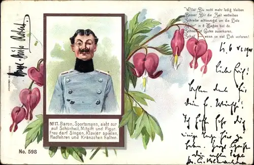 Litho Mann-Portrait, Blumen, Willst du nicht mehr ledig bleiben, Partnervermittlung