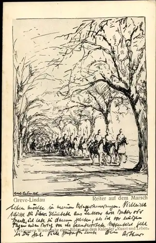 Künstler Ak Greve-Lindau, Reiter auf dem Marsch