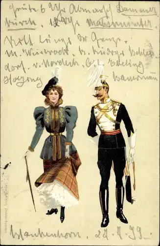 Litho Elegante Dame, Mann in Uniform, Federhelm, Stiefel, Offizier