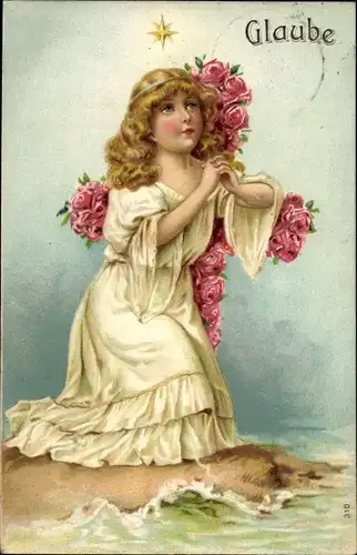 Präge Ak Glaube, Junges Mädchen beim Beten, Rosen, Geloof