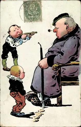 Ak Betrunkener Mann beim Schlafen, Junge pinkelt, Scherz