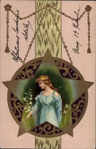 Litho Portrait einer Frau, Blumen, Stern