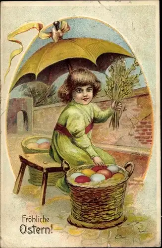 Präge Ak Glückwunsch Ostern, Mädchen mit Sonnenschirm, Ostereier im Korb, Weidenkätzchen