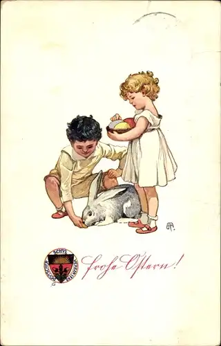 Künstler Ak Glückwunsch Ostern, Kinder, Osterhase, Ostereier