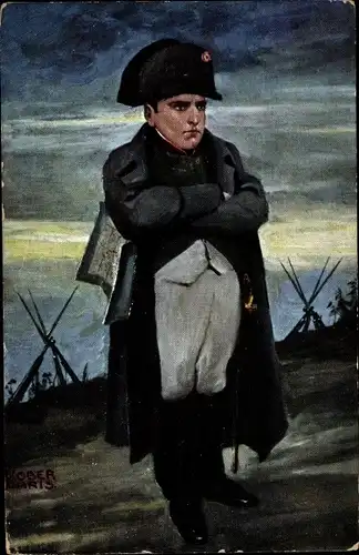 Künstler Ak Barts, Napoleon Bonaparte, Uniform, Hut, Mantel, Schlachtfeld
