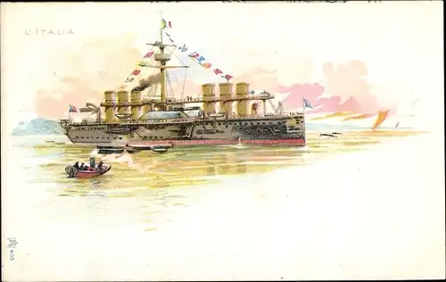 Litho Italienisches Kriegsschiff L'Italia