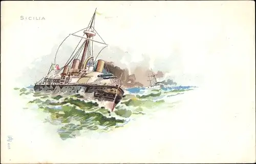 Litho Italienisches Kriegsschiff Sicilia