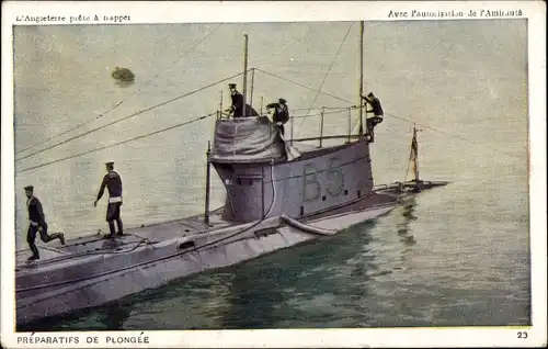 Künstler Ak Britisches U Boot, B 5, Préparatifs de Plongée, Seeleute an Deck