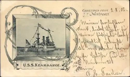 Passepartout Ak USS Kearsarge, Greetings from Newport, Kriegsschiff