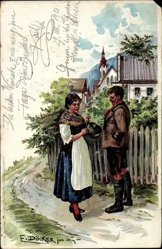 Künstler Litho Döcker, E., Liebespaar in Tracht, Dorfmotiv