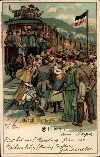 Litho Gruß von der Eisenbahn, Passagiere, Menschenmenge auf dem Bahnsteig