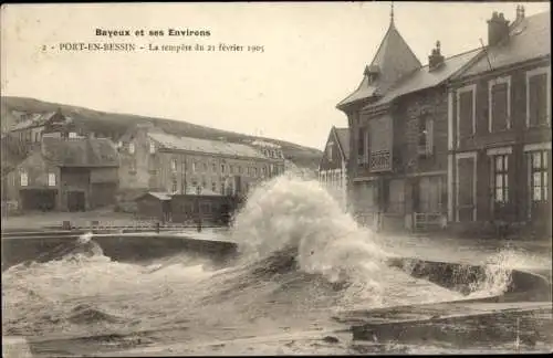 Ak Port en Bessin Calvados, La tempete du fevrier 1905, Sturm, Brandungswelle