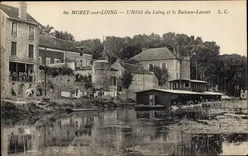 Ak Moret sur Loing Seine et Marne, L'Hôtel du Loing et le Bateau Lavoir