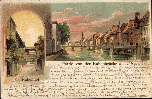 Künstler Litho Greiner, K., Strasbourg Straßburg Elsass Bas Rhin, Rabenhof, Rabenbrücke