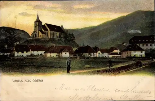 Ak Odern Haut Rhin, Blick auf den Ort und die Kirche, Felder, Häuser