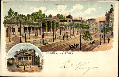 Litho Aachen in Nordrhein Westfalen, Elisenbrunnen, Stadttheater, Straßenbahn