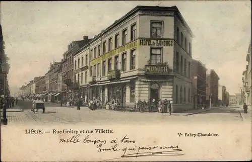 Ak Liège Lüttich Wallonien, Rue Grétry et rue Villette, Hotel de Longdoz