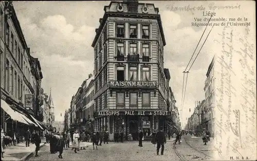Ak Liège Lüttich Wallonien, Vue d'ensemble, Rue de la Régence et rue de l'Université